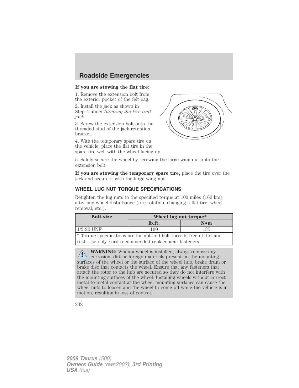 Wheel lug nut torque specifications, Wheel lug nut torque, Roadside emergencies | FORD 2009 Taurus v.3 User Manual | Page 242 / 309