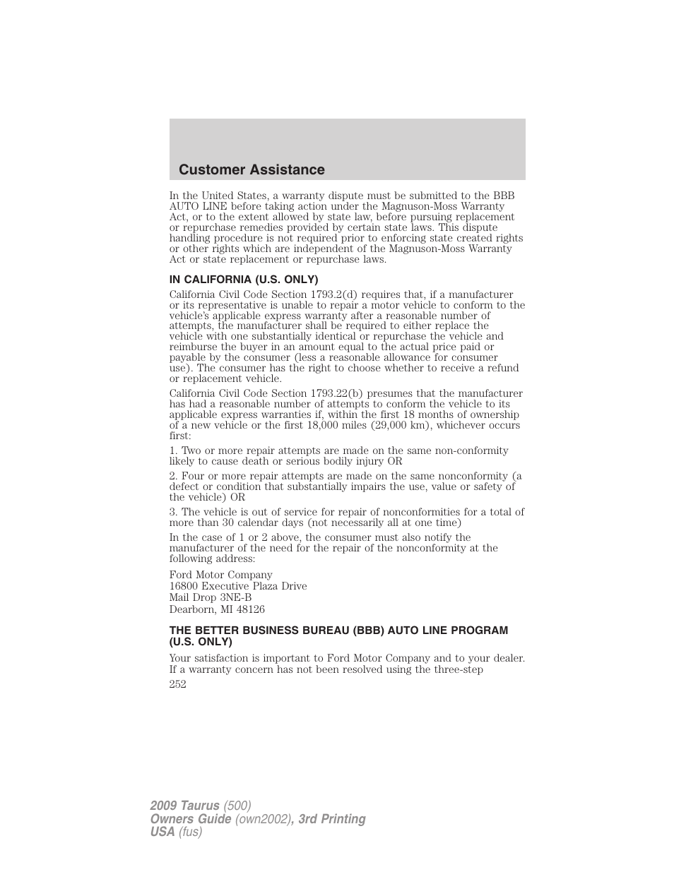 In california (u.s. only), Customer assistance | FORD 2009 Taurus v.3 User Manual | Page 252 / 309