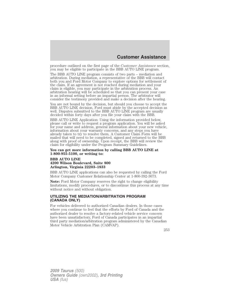 Customer assistance | FORD 2009 Taurus v.3 User Manual | Page 253 / 309