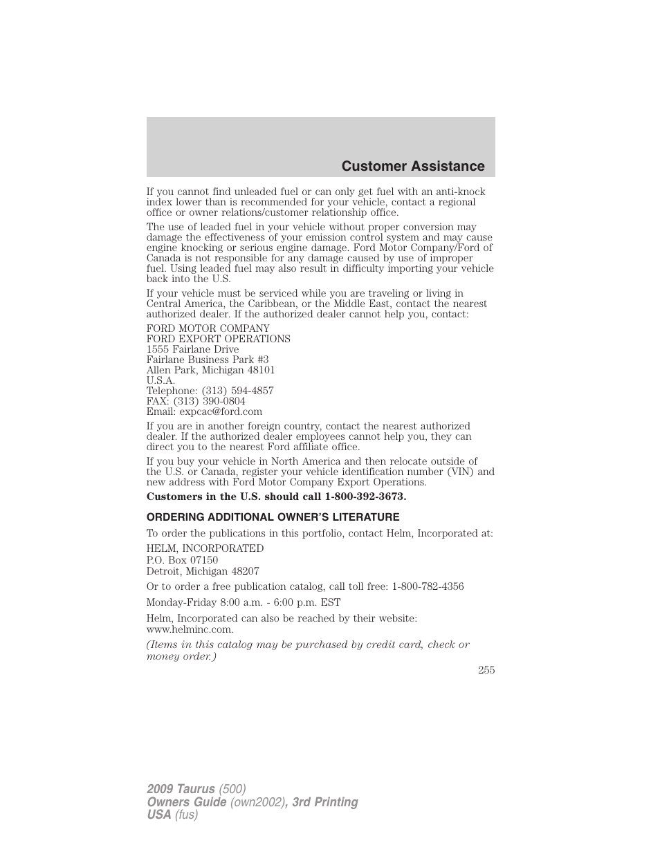 Ordering additional owner’s literature, Customer assistance | FORD 2009 Taurus v.3 User Manual | Page 255 / 309