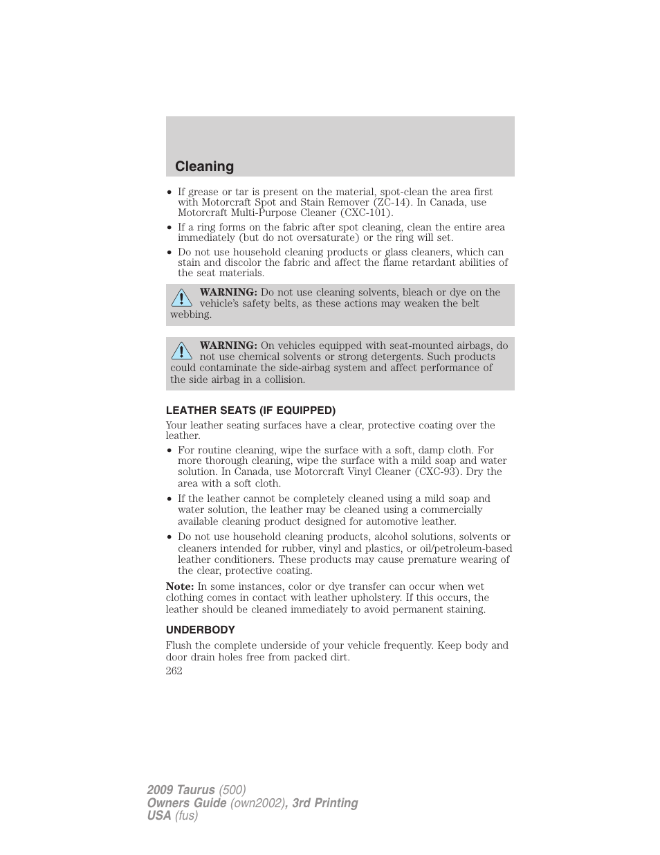 Leather seats (if equipped), Underbody, Cleaning | FORD 2009 Taurus v.3 User Manual | Page 262 / 309