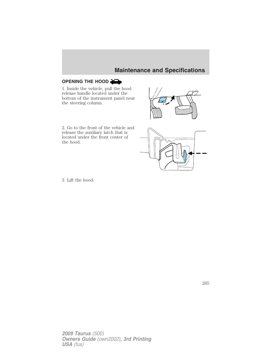 Opening the hood, Maintenance and specifications | FORD 2009 Taurus v.3 User Manual | Page 265 / 309