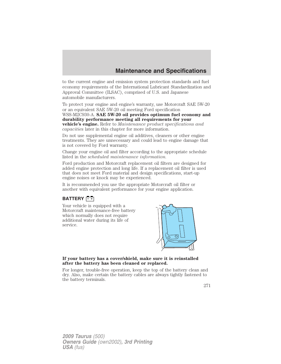 Battery, Maintenance and specifications | FORD 2009 Taurus v.3 User Manual | Page 271 / 309