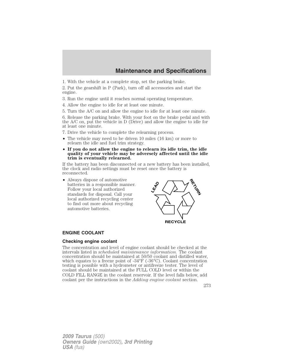 Engine coolant, Checking engine coolant, Maintenance and specifications | FORD 2009 Taurus v.3 User Manual | Page 273 / 309