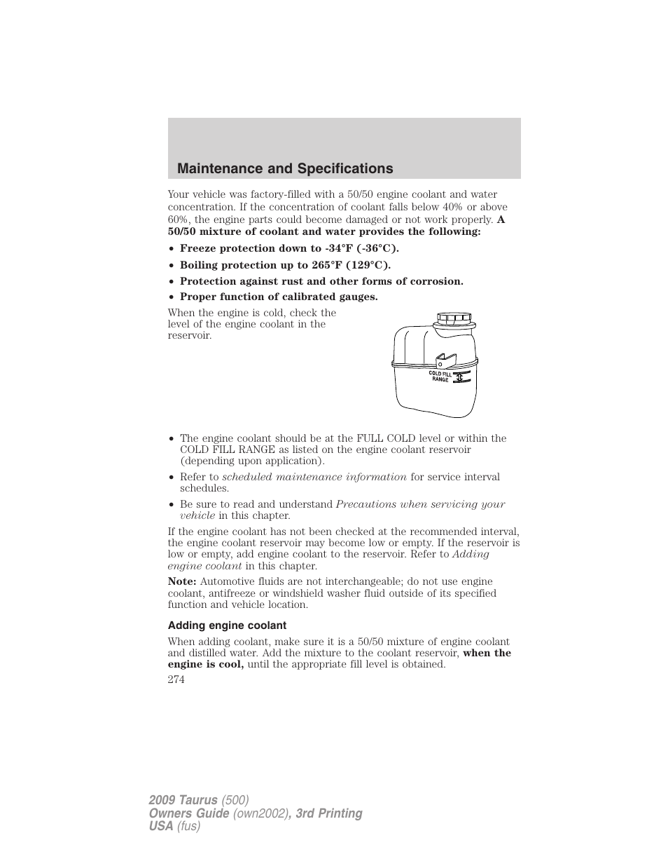 Adding engine coolant, Maintenance and specifications | FORD 2009 Taurus v.3 User Manual | Page 274 / 309