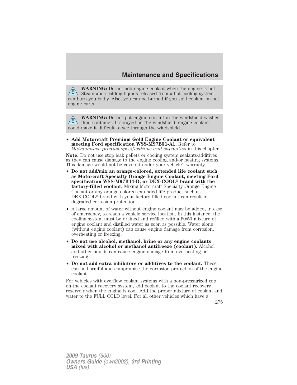 Maintenance and specifications | FORD 2009 Taurus v.3 User Manual | Page 275 / 309