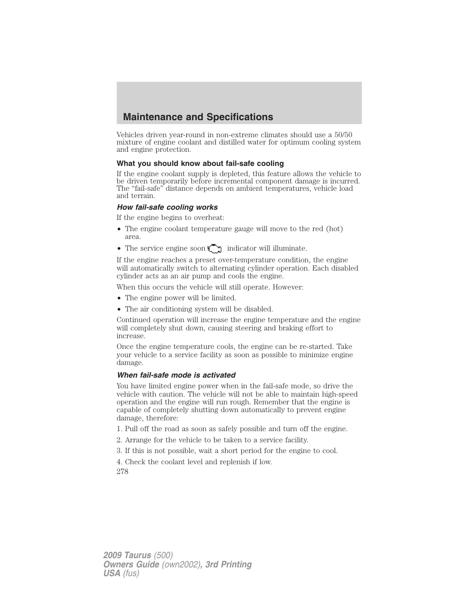 What you should know about fail-safe cooling, How fail-safe cooling works, When fail-safe mode is activated | Maintenance and specifications | FORD 2009 Taurus v.3 User Manual | Page 278 / 309