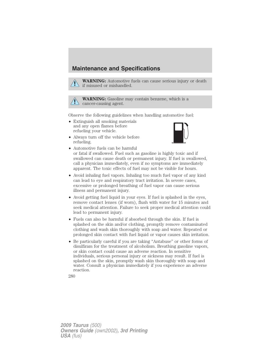 Maintenance and specifications | FORD 2009 Taurus v.3 User Manual | Page 280 / 309