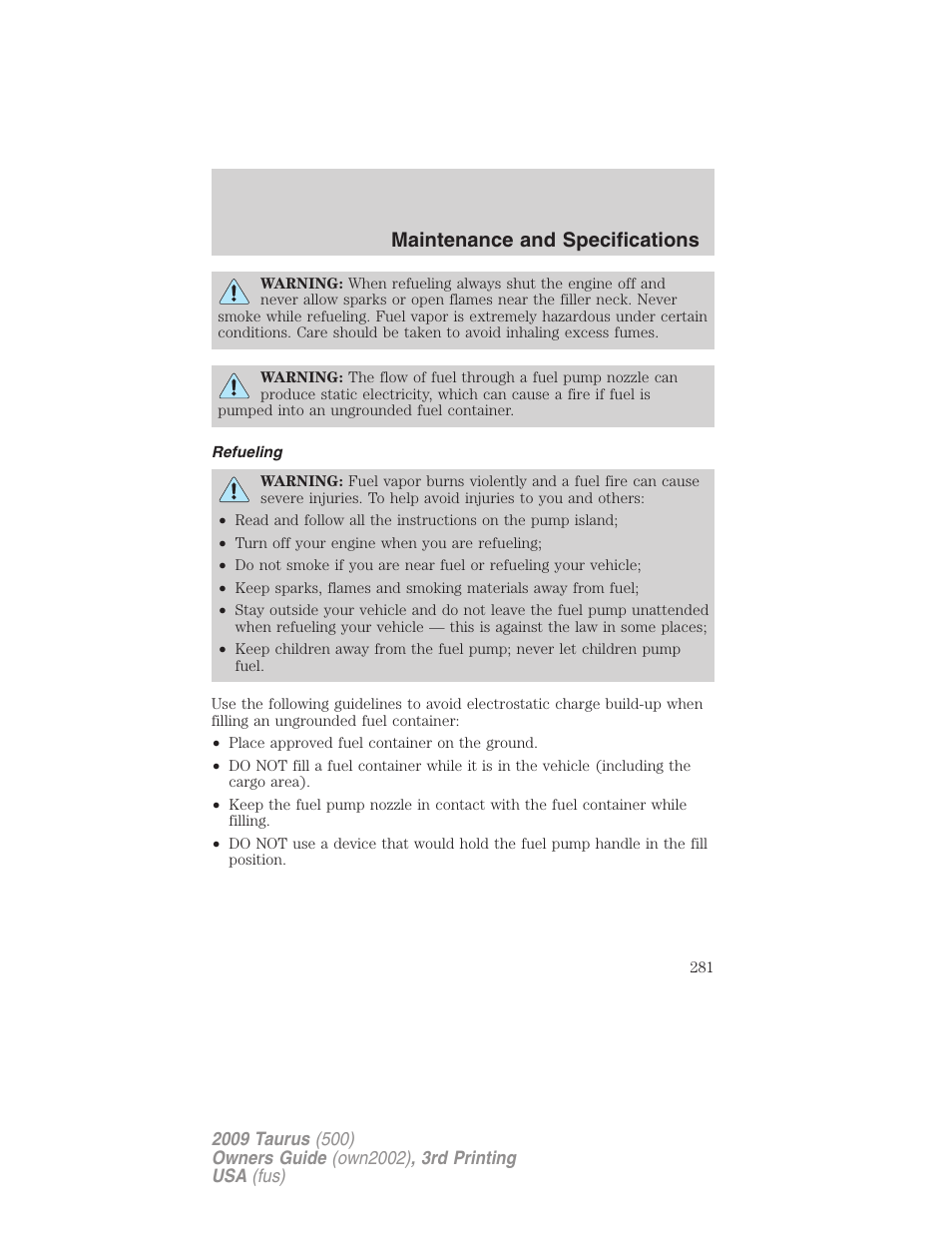 Refueling, Maintenance and specifications | FORD 2009 Taurus v.3 User Manual | Page 281 / 309