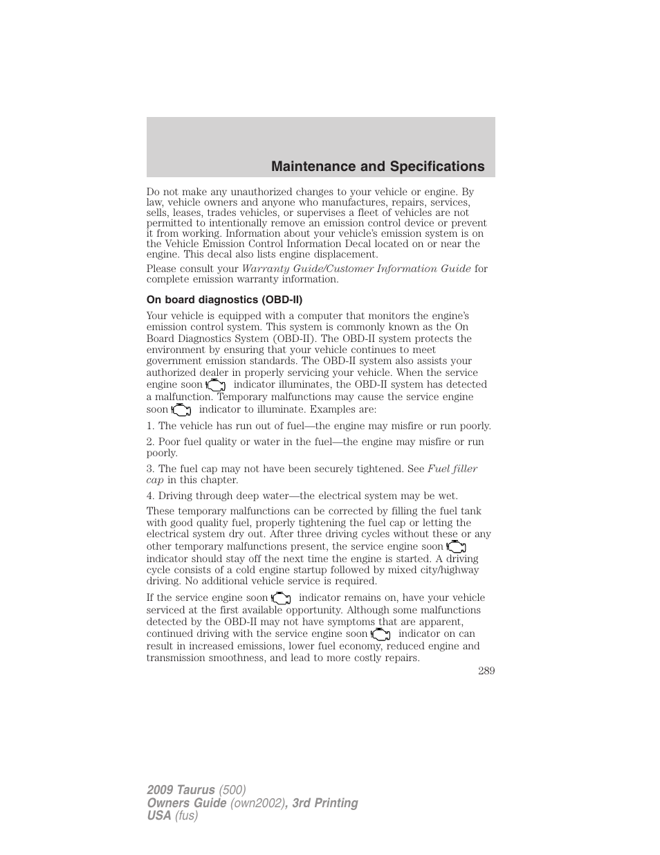 On board diagnostics (obd-ii), Maintenance and specifications | FORD 2009 Taurus v.3 User Manual | Page 289 / 309