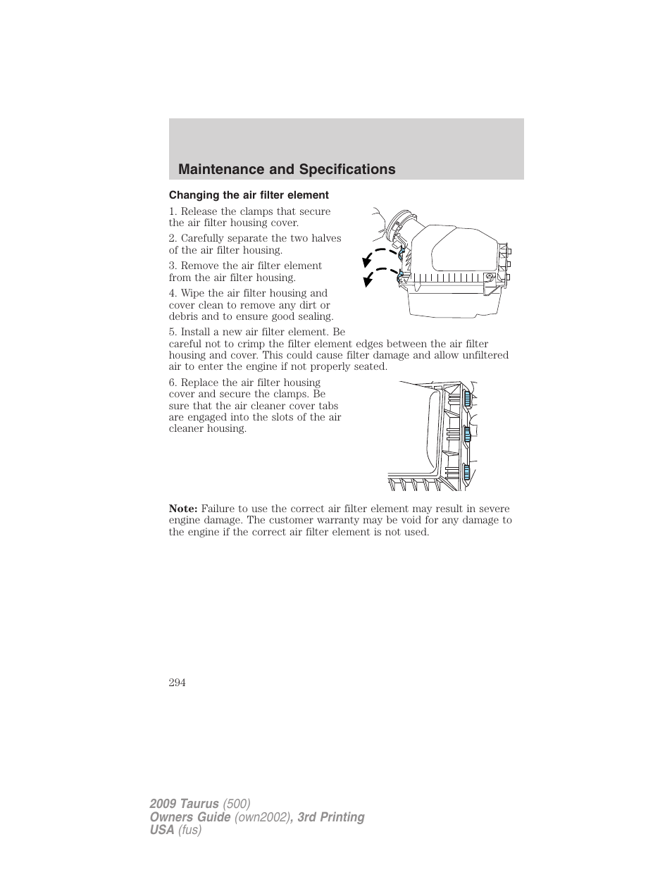 Changing the air filter element, Maintenance and specifications | FORD 2009 Taurus v.3 User Manual | Page 294 / 309