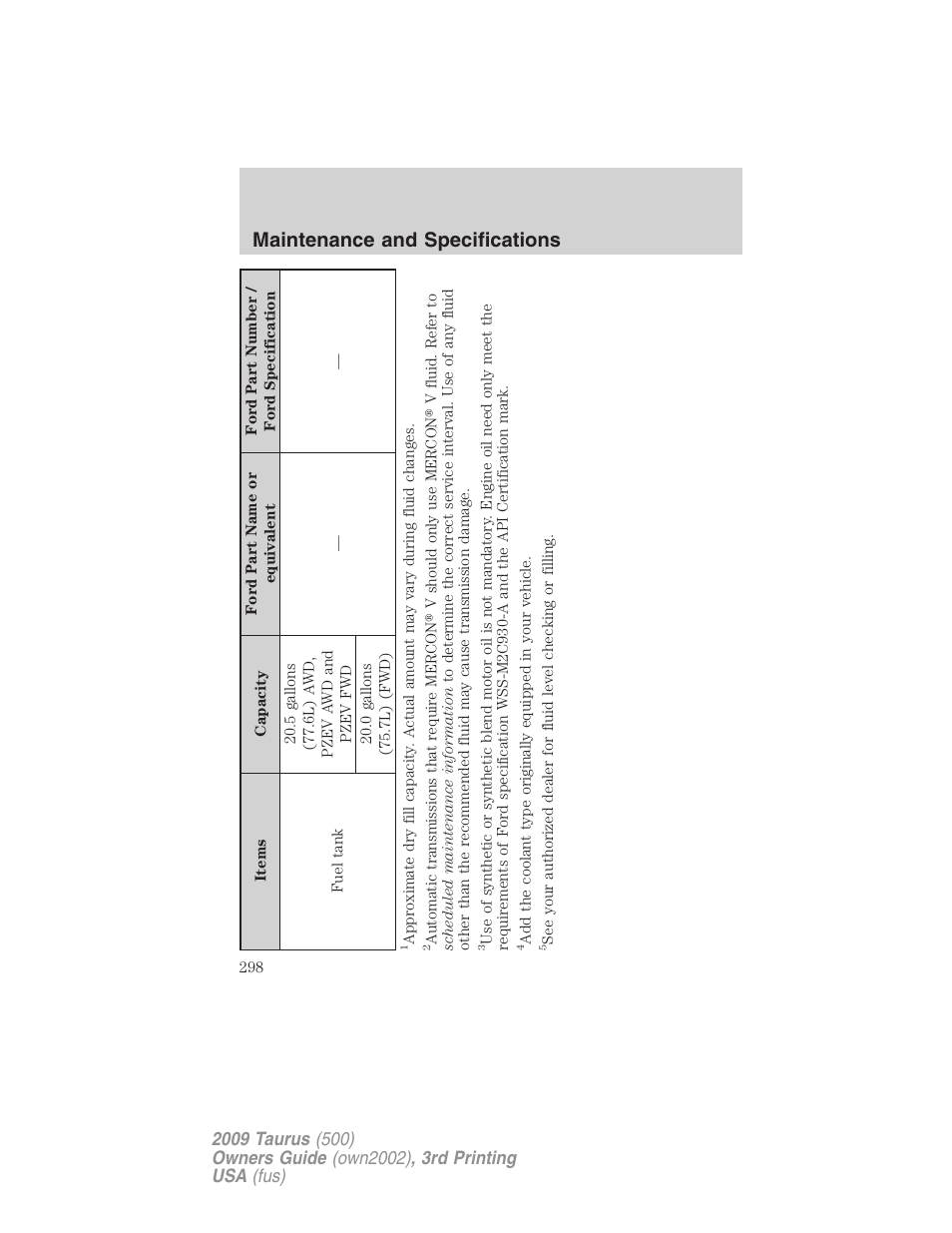 Maintenance and specifications | FORD 2009 Taurus v.3 User Manual | Page 298 / 309