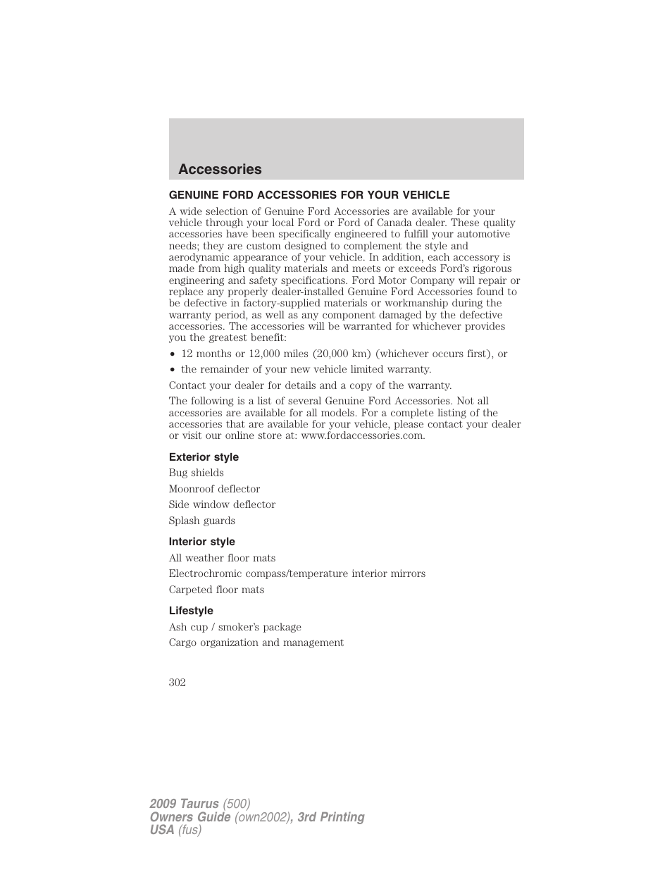 Accessories, Genuine ford accessories for your vehicle, Exterior style | Interior style, Lifestyle | FORD 2009 Taurus v.3 User Manual | Page 302 / 309