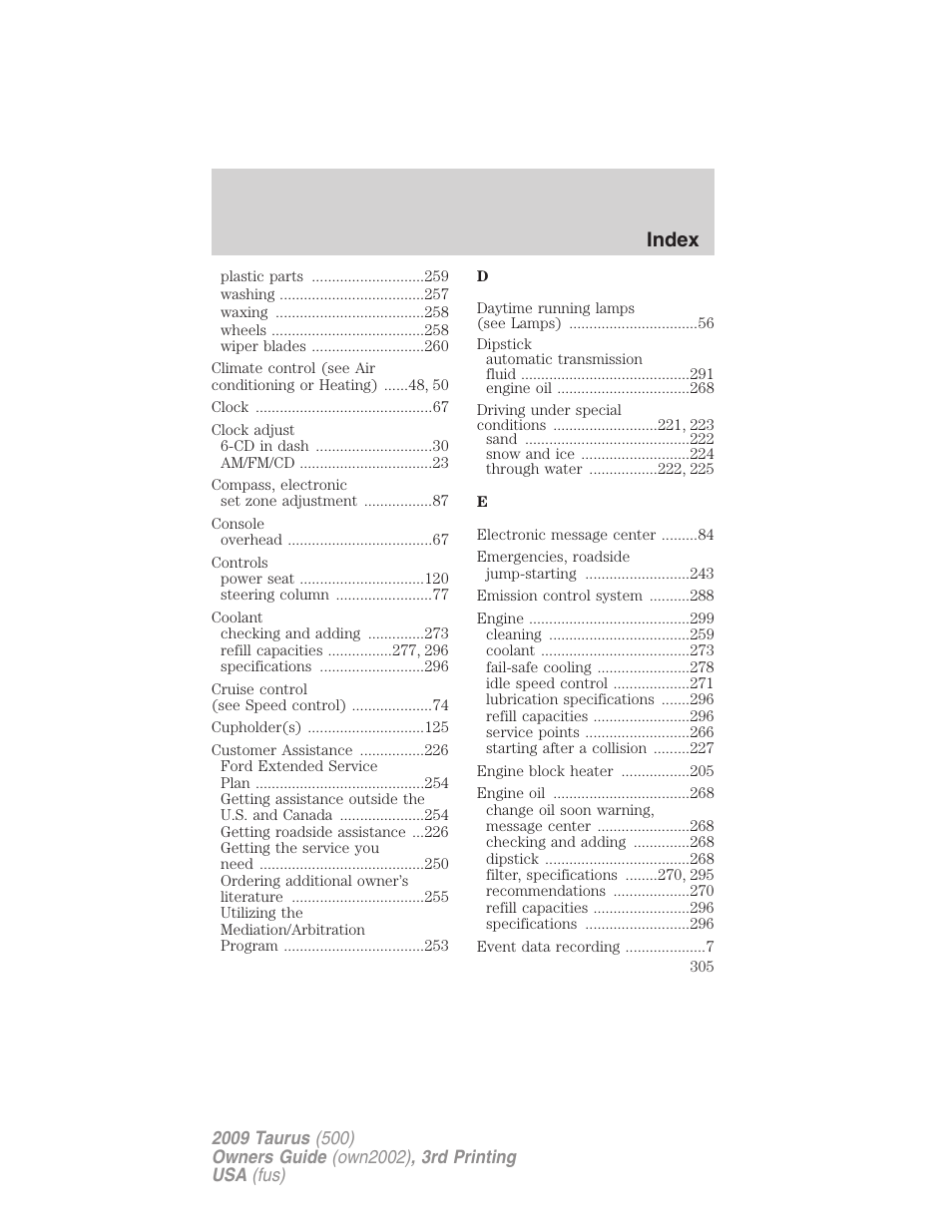 Index | FORD 2009 Taurus v.3 User Manual | Page 305 / 309