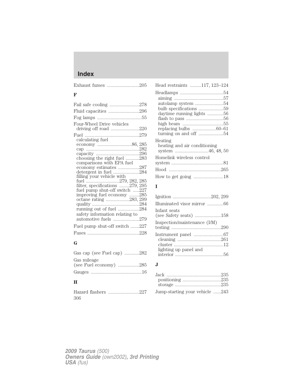 Index | FORD 2009 Taurus v.3 User Manual | Page 306 / 309