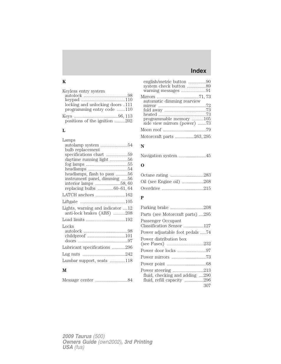 Index | FORD 2009 Taurus v.3 User Manual | Page 307 / 309