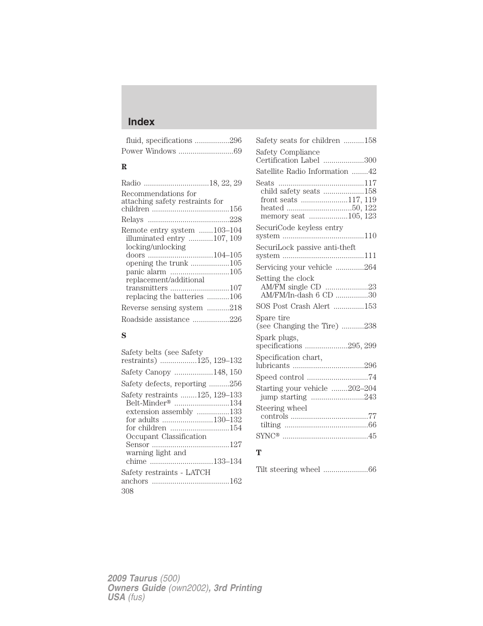 Index | FORD 2009 Taurus v.3 User Manual | Page 308 / 309