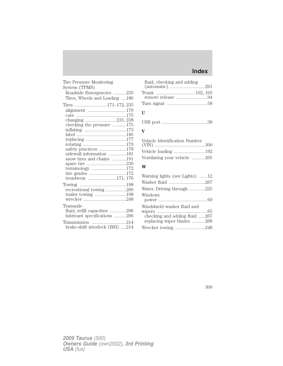 Index | FORD 2009 Taurus v.3 User Manual | Page 309 / 309