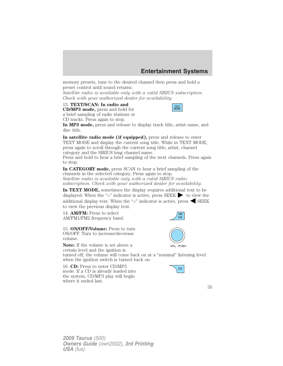 Entertainment systems | FORD 2009 Taurus v.3 User Manual | Page 35 / 309