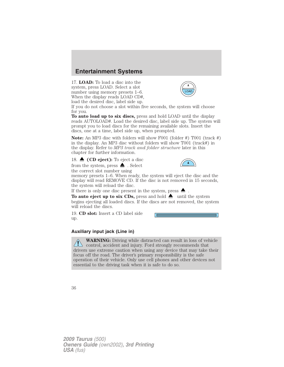 Auxiliary input jack (line in), Entertainment systems | FORD 2009 Taurus v.3 User Manual | Page 36 / 309