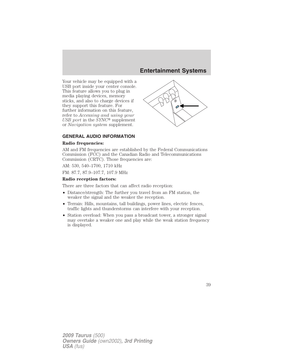 General audio information, Entertainment systems | FORD 2009 Taurus v.3 User Manual | Page 39 / 309