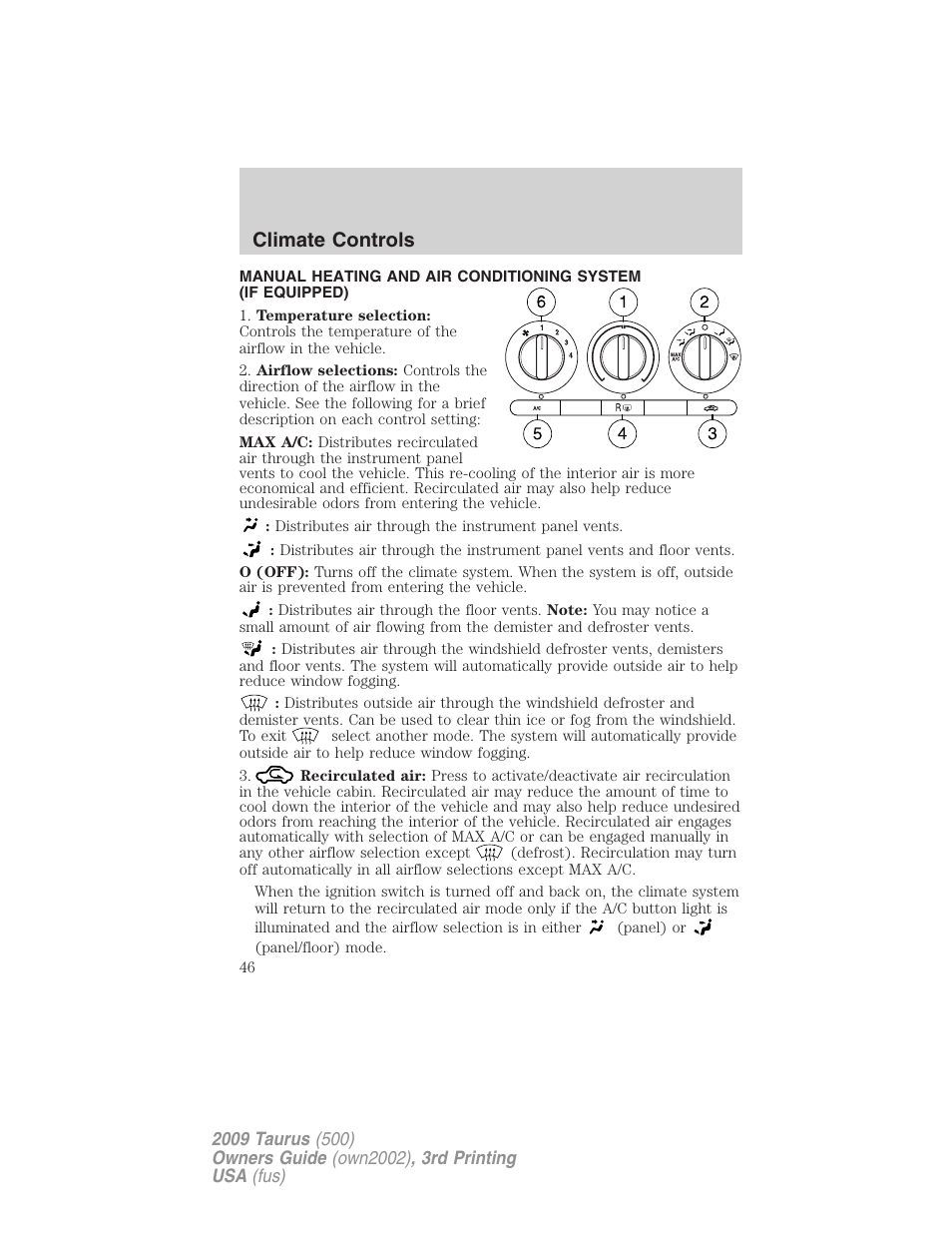 Climate controls, Manual heating and air conditioning | FORD 2009 Taurus v.3 User Manual | Page 46 / 309