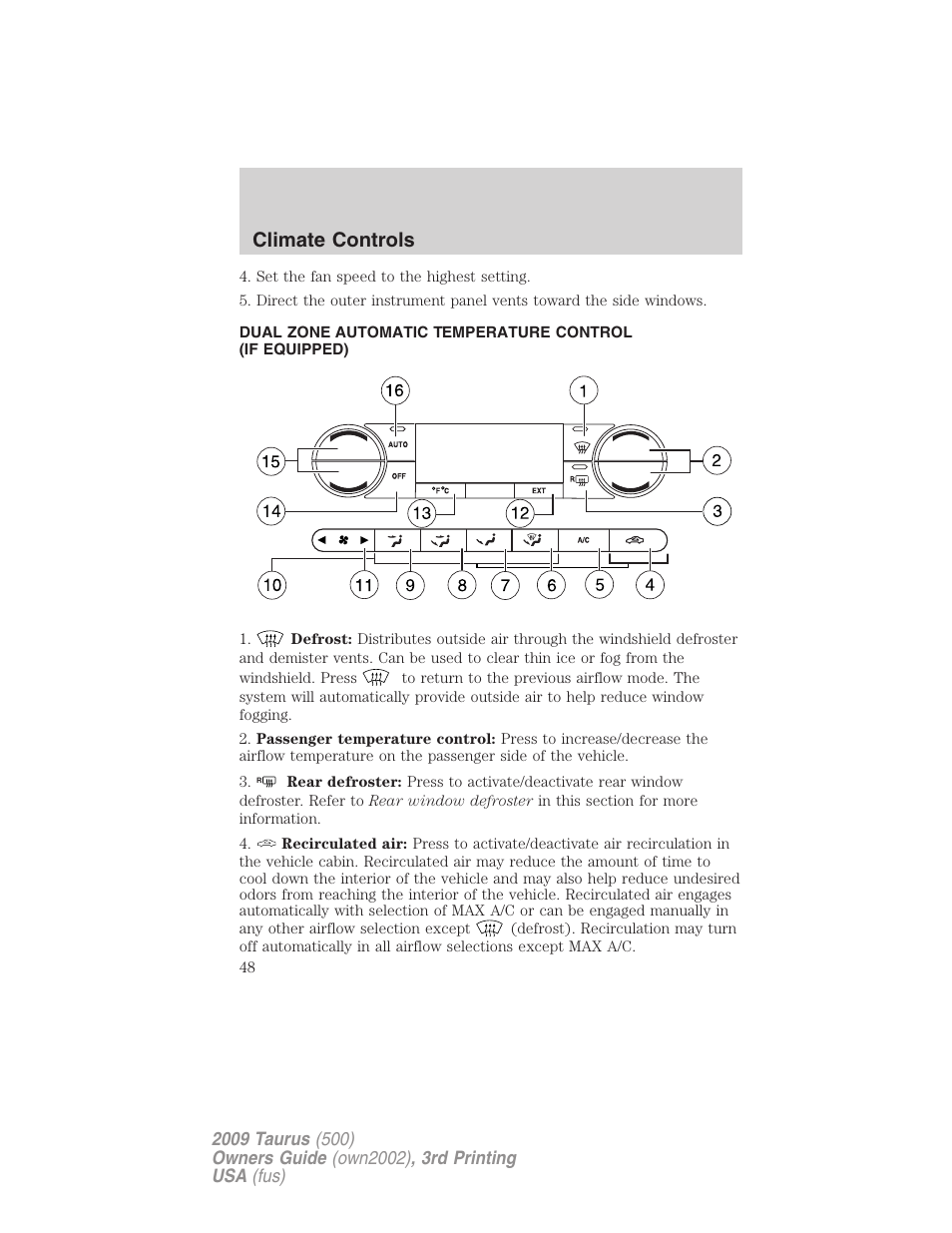 Automatic temperature control, Climate controls | FORD 2009 Taurus v.3 User Manual | Page 48 / 309