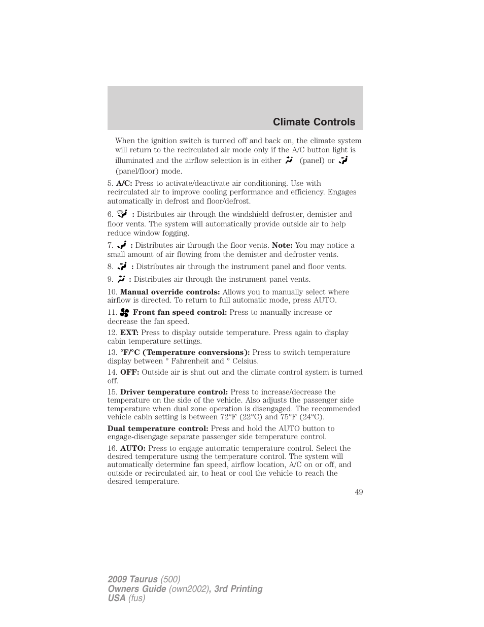 Climate controls | FORD 2009 Taurus v.3 User Manual | Page 49 / 309