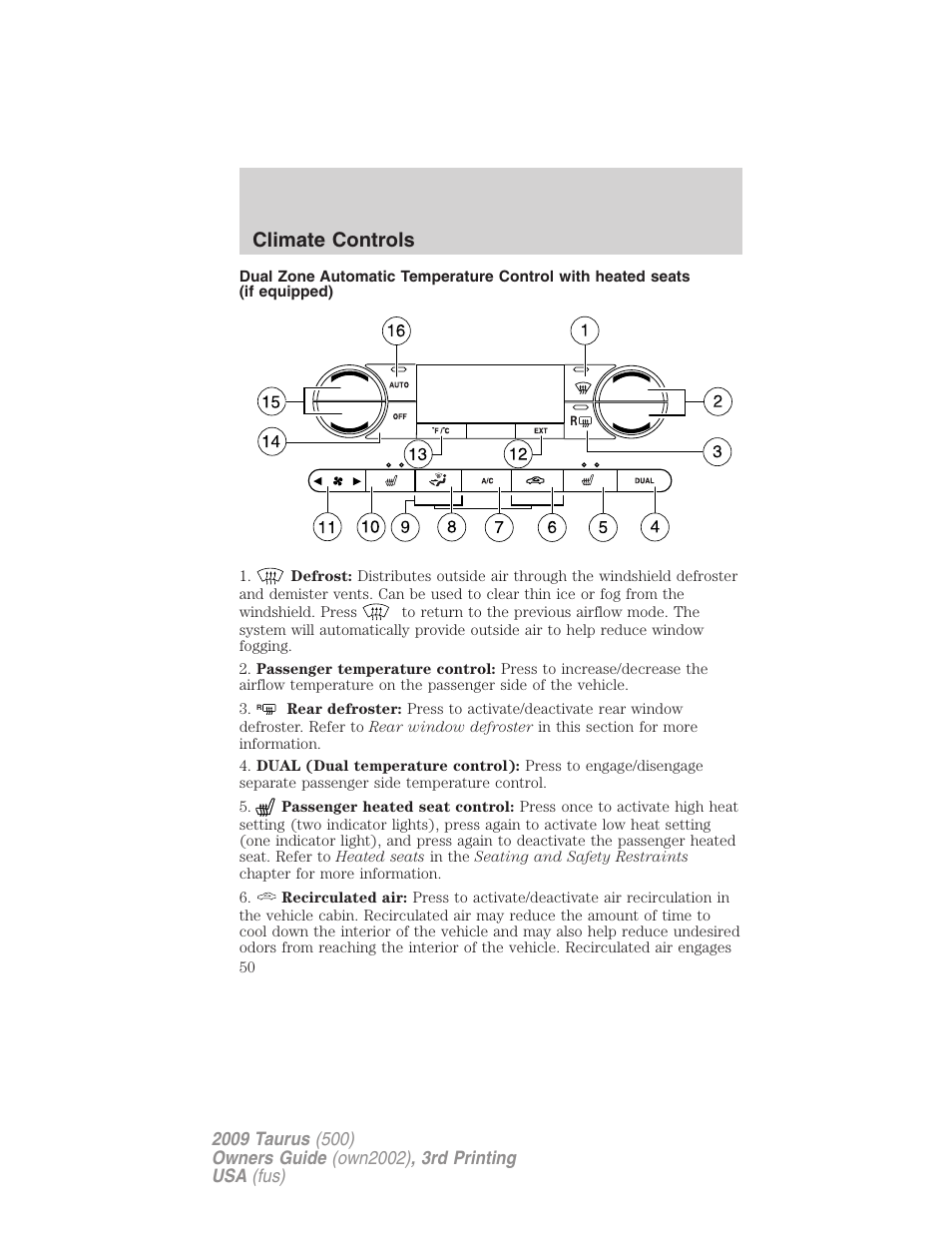 Climate controls | FORD 2009 Taurus v.3 User Manual | Page 50 / 309