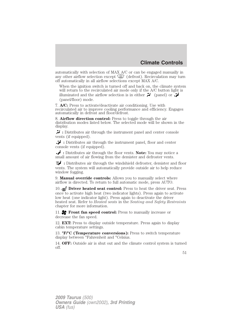 Climate controls | FORD 2009 Taurus v.3 User Manual | Page 51 / 309