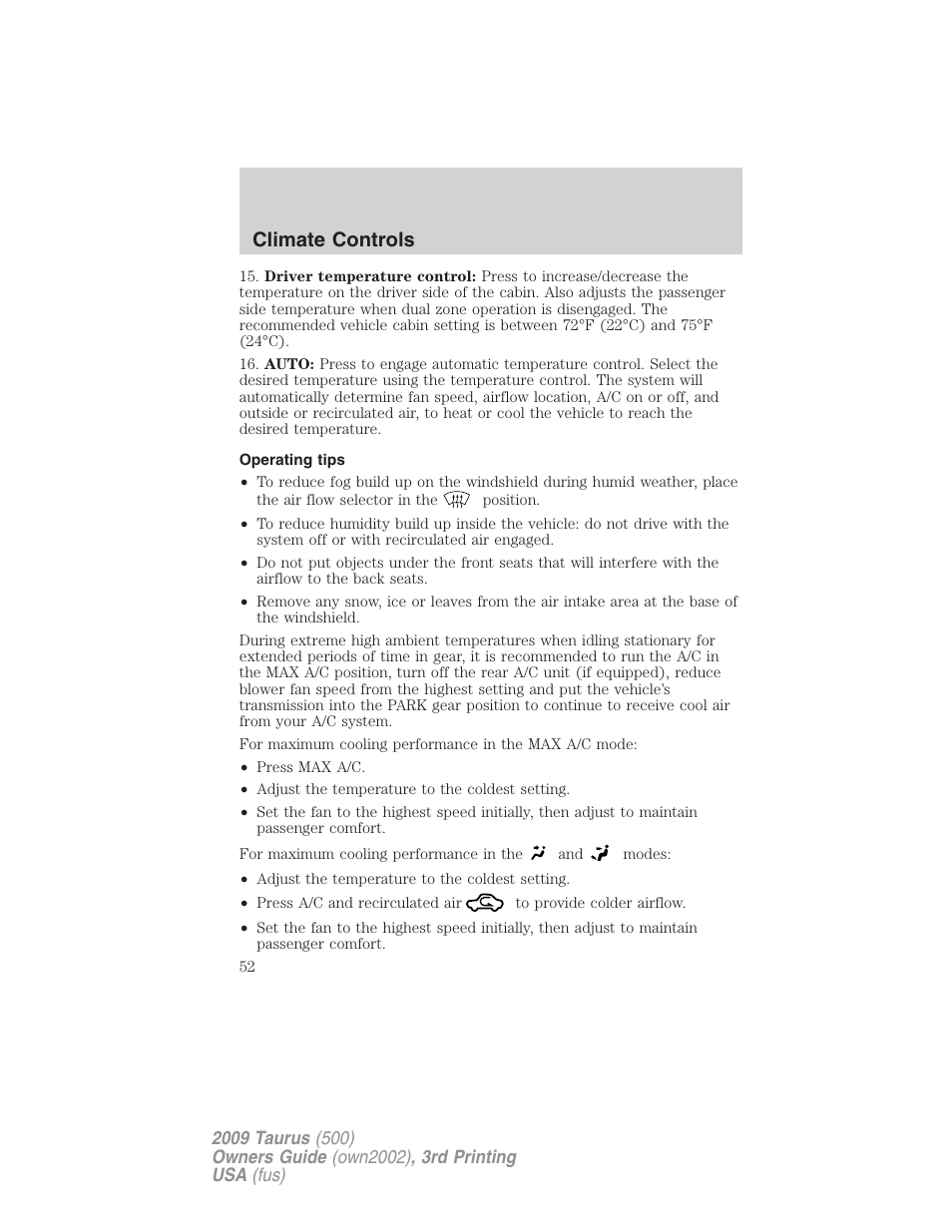 Operating tips, Climate controls | FORD 2009 Taurus v.3 User Manual | Page 52 / 309