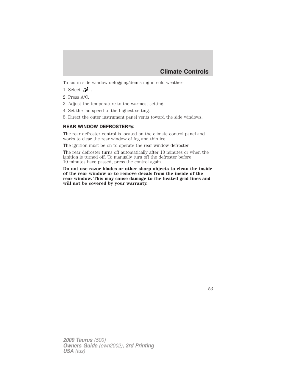 Rear window defroster, Climate controls | FORD 2009 Taurus v.3 User Manual | Page 53 / 309