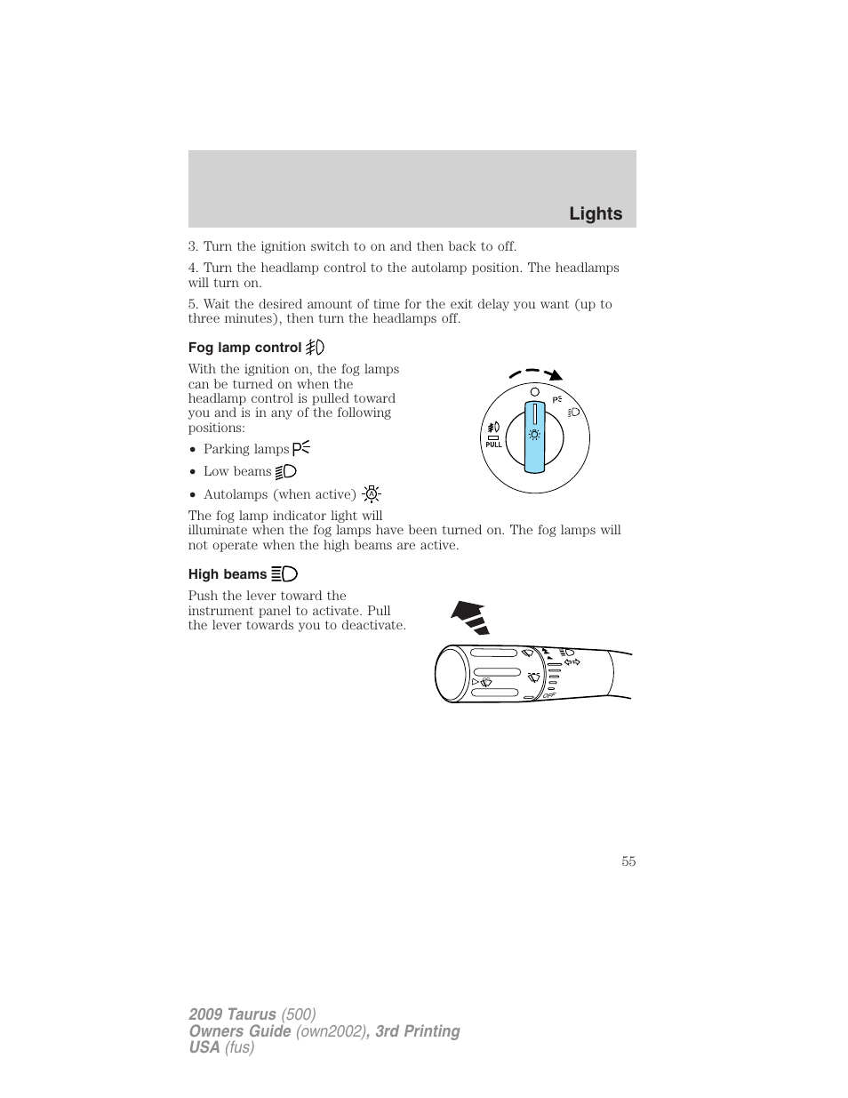 Fog lamp control, High beams, Lights | FORD 2009 Taurus v.3 User Manual | Page 55 / 309