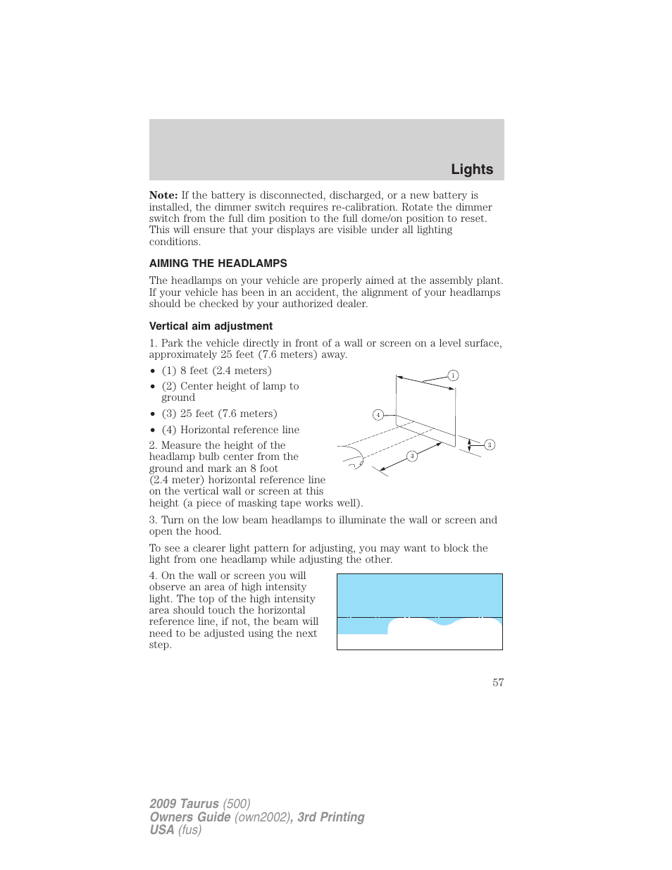Aiming the headlamps, Vertical aim adjustment, Lights | FORD 2009 Taurus v.3 User Manual | Page 57 / 309