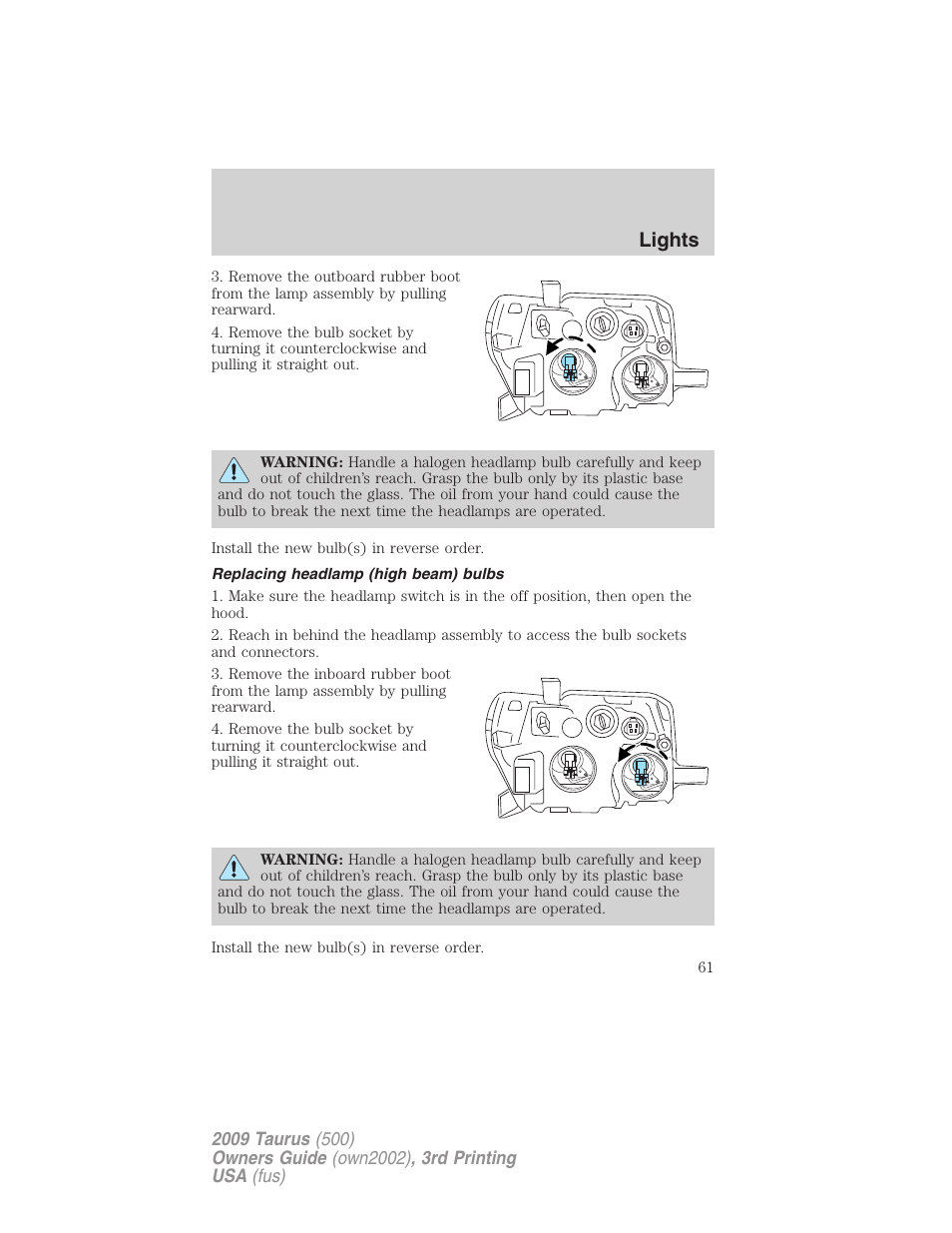 Replacing headlamp (high beam) bulbs, Lights | FORD 2009 Taurus v.3 User Manual | Page 61 / 309