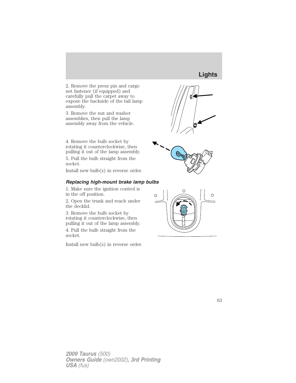 Replacing high-mount brake lamp bulbs, Lights | FORD 2009 Taurus v.3 User Manual | Page 63 / 309