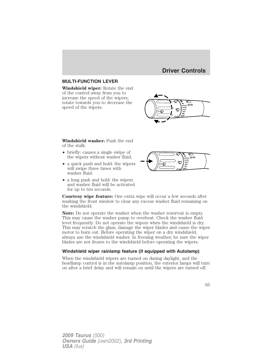 Driver controls, Multi-function lever, Windshield wiper/washer control | FORD 2009 Taurus v.3 User Manual | Page 65 / 309