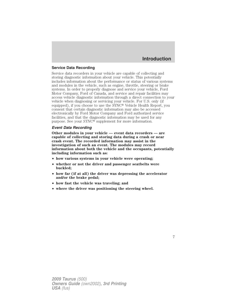 Service data recording, Event data recording, Introduction | FORD 2009 Taurus v.3 User Manual | Page 7 / 309
