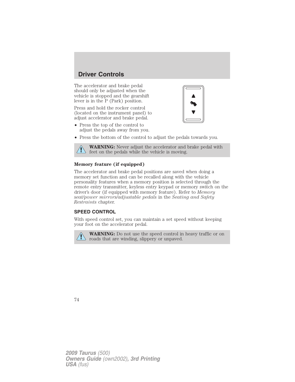 Speed control, Driver controls | FORD 2009 Taurus v.3 User Manual | Page 74 / 309