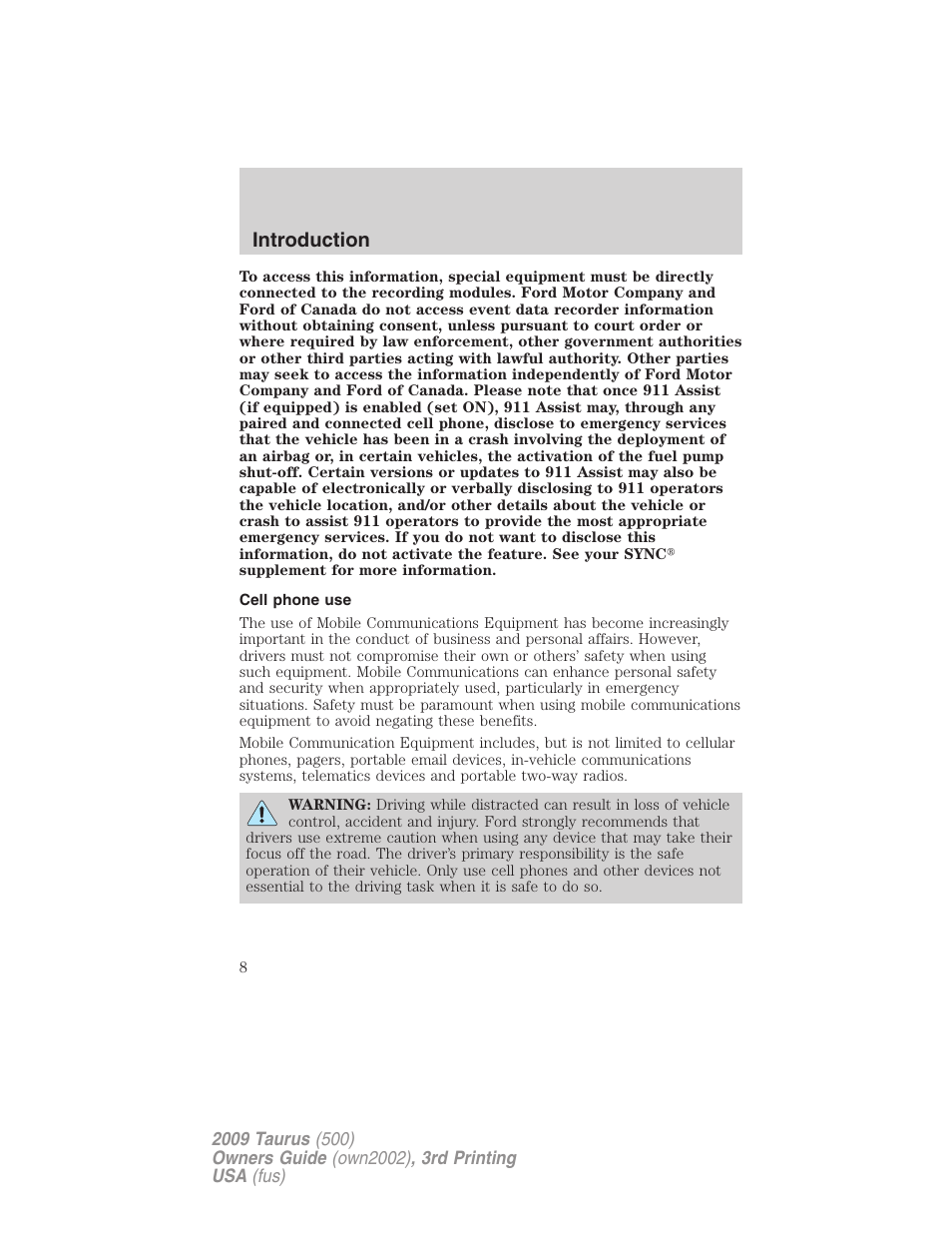 Cell phone use, Introduction | FORD 2009 Taurus v.3 User Manual | Page 8 / 309