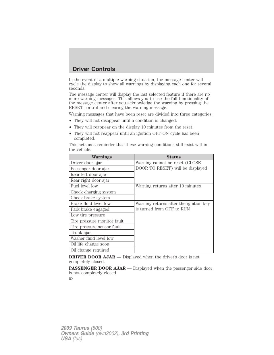 Driver controls | FORD 2009 Taurus v.3 User Manual | Page 92 / 309