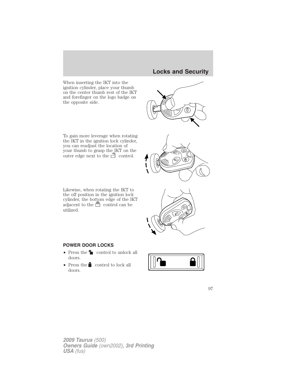Power door locks, Locks, Locks and security | FORD 2009 Taurus v.3 User Manual | Page 97 / 309
