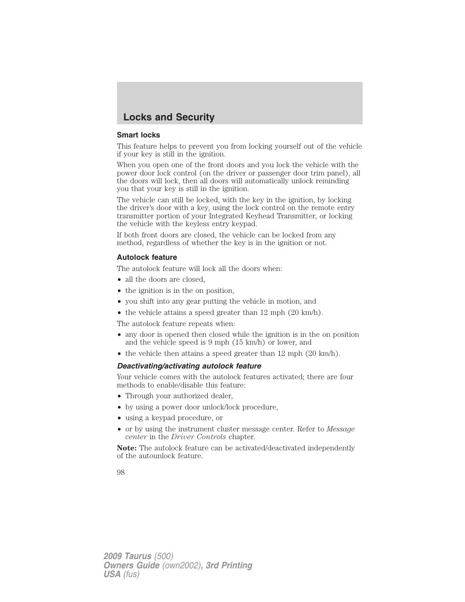 Smart locks, Autolock feature, Deactivating/activating autolock feature | Locks and security | FORD 2009 Taurus v.3 User Manual | Page 98 / 309