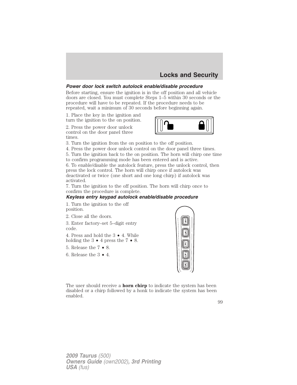 Locks and security | FORD 2009 Taurus v.3 User Manual | Page 99 / 309