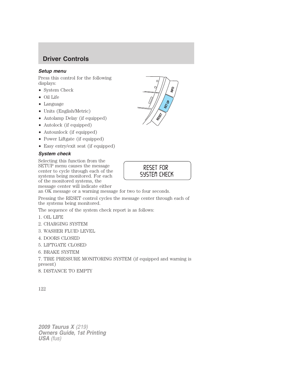 Setup menu, System check, Driver controls | FORD 2009 Taurus X v.1 User Manual | Page 122 / 360