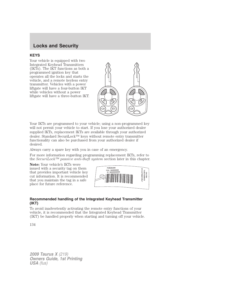 Locks and security, Keys | FORD 2009 Taurus X v.1 User Manual | Page 134 / 360