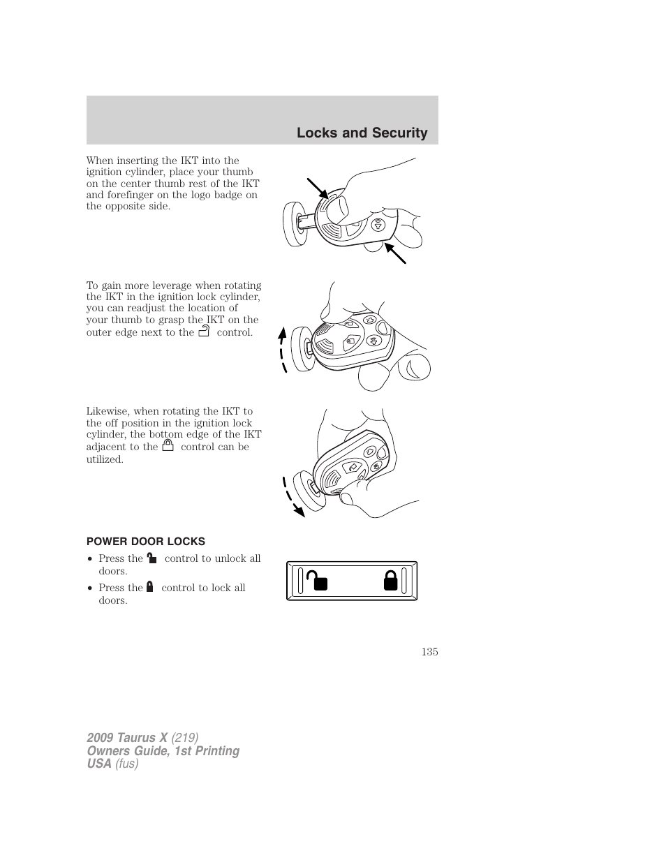 Power door locks, Locks, Locks and security | FORD 2009 Taurus X v.1 User Manual | Page 135 / 360