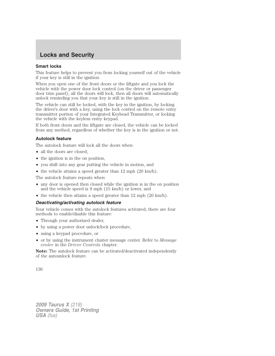 Smart locks, Autolock feature, Deactivating/activating autolock feature | Locks and security | FORD 2009 Taurus X v.1 User Manual | Page 136 / 360