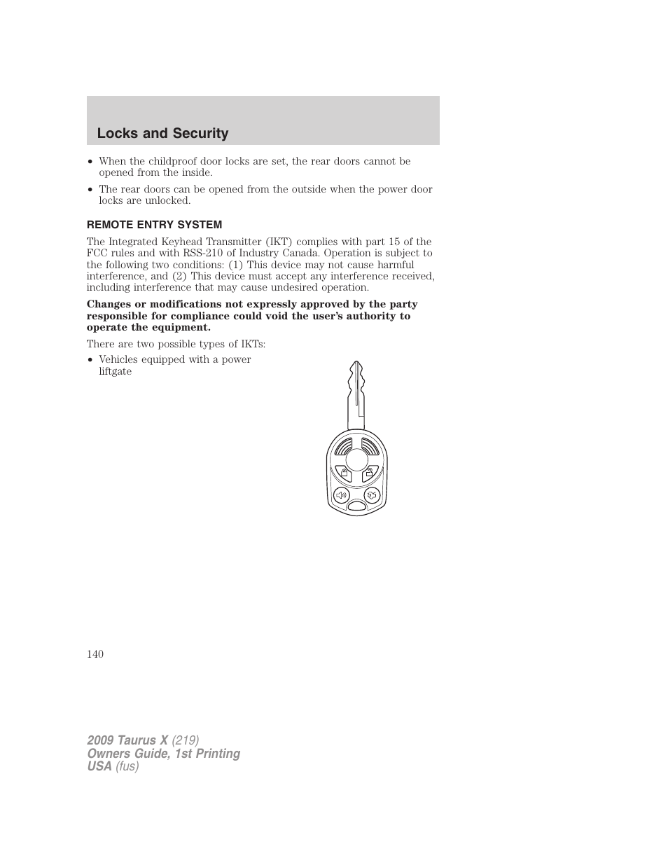 Remote entry system, Locks and security | FORD 2009 Taurus X v.1 User Manual | Page 140 / 360