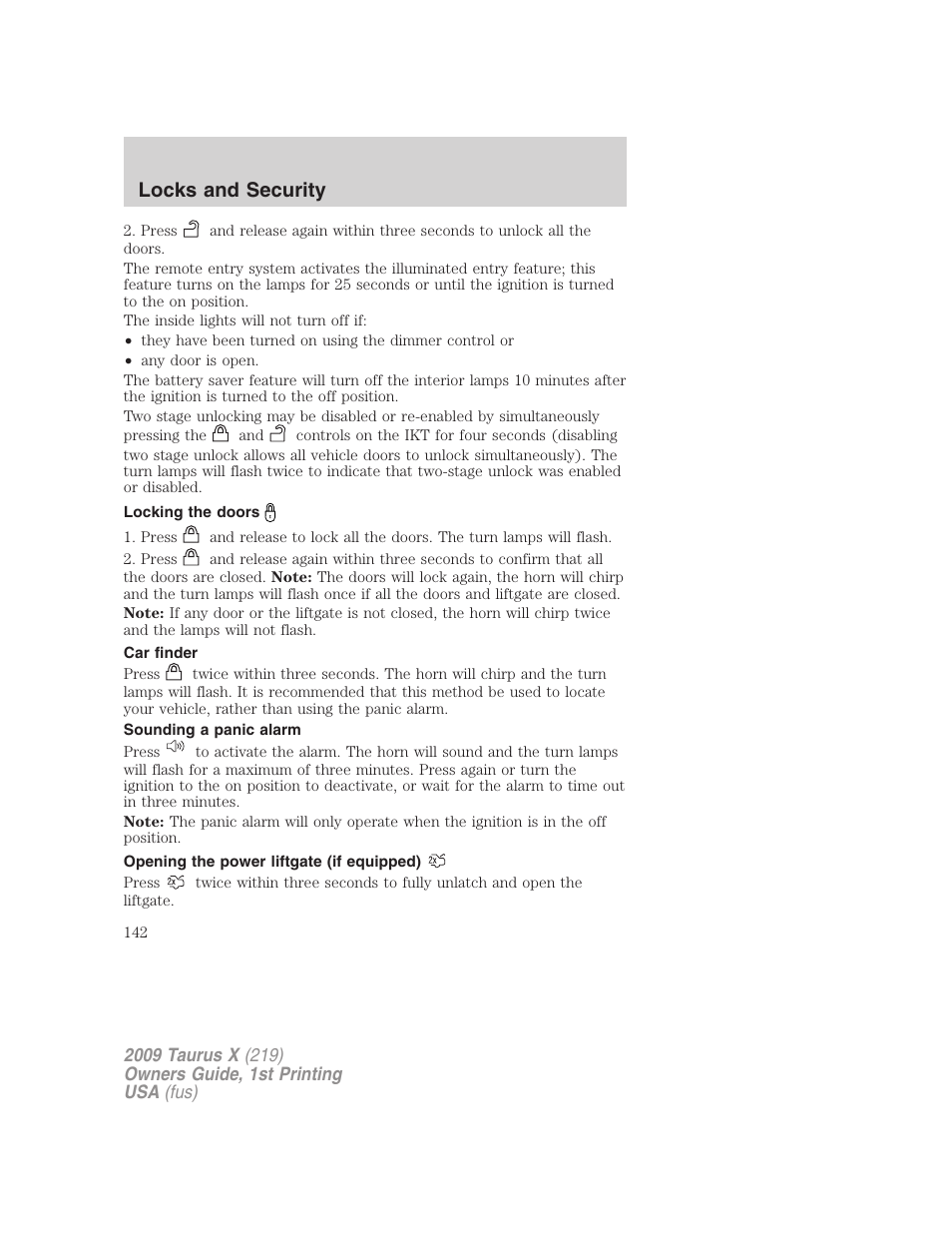 Locking the doors, Car finder, Sounding a panic alarm | Opening the power liftgate (if equipped), Locks and security | FORD 2009 Taurus X v.1 User Manual | Page 142 / 360